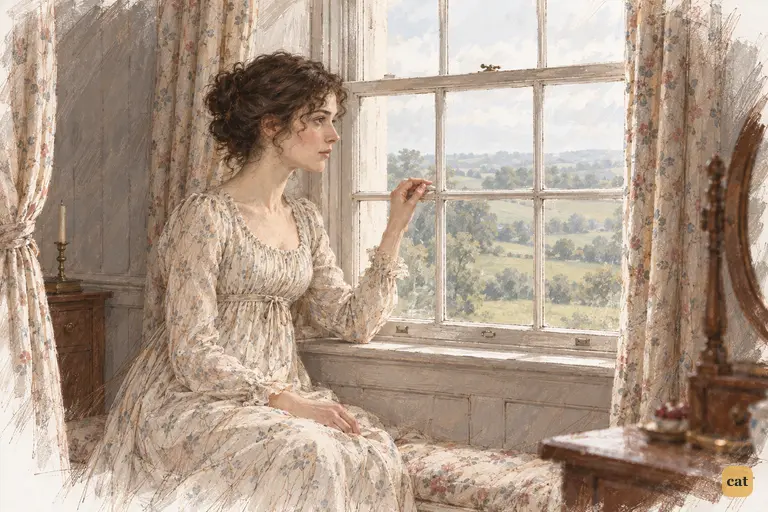 Elizabeth sits at her bedroom window, her fingertips resting on the sash.