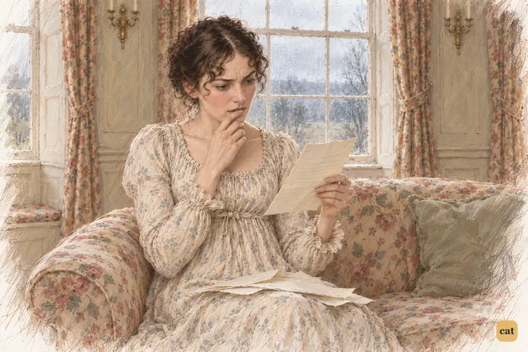 Reading Jane’s admission that she misjudged Miss Bingley, Elizabeth feels pain for her sister.
