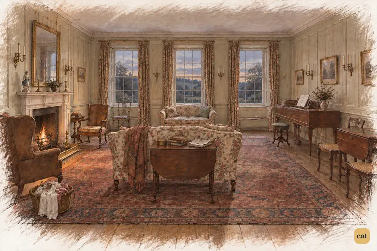 The empty drawing-room at Longbourn holds the quiet aftermath of Mrs. Bennet’s reassurance.
