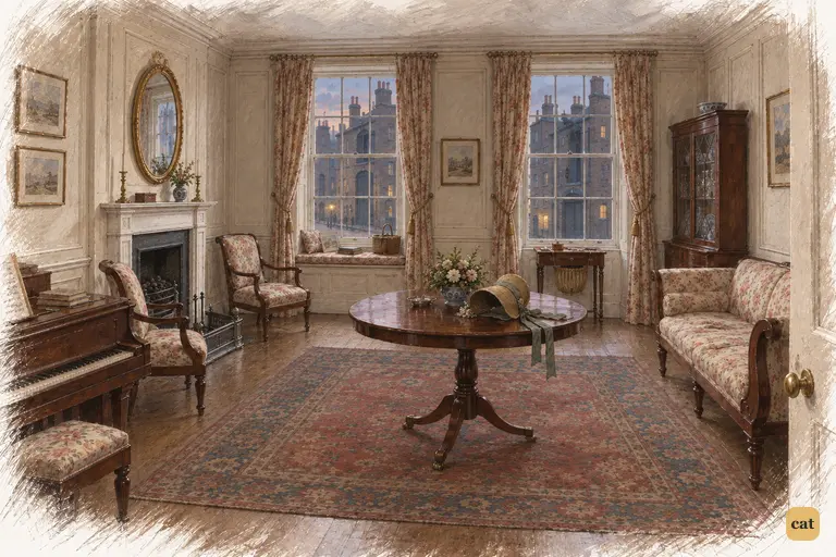 Elizabeth’s travelling bonnet rests beside the empty sofa in the Gardiners’ drawing-room.