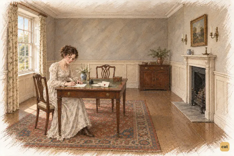 Elizabeth begins her long-delayed reply to Mrs. Gardiner, eager to share her happiness.