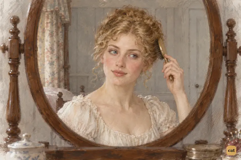 Jane pauses with her brush at her temple, astonished by Elizabeth’s disclosure