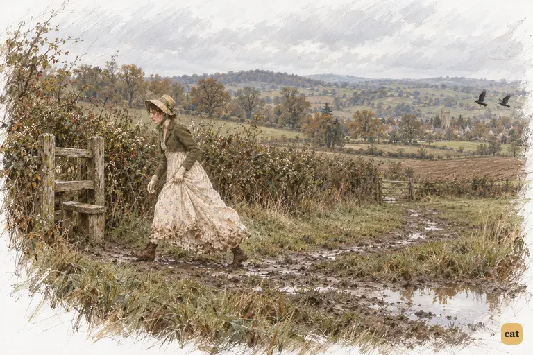 Elizabeth strides alone across the rain-soaked fields beyond Meryton.
