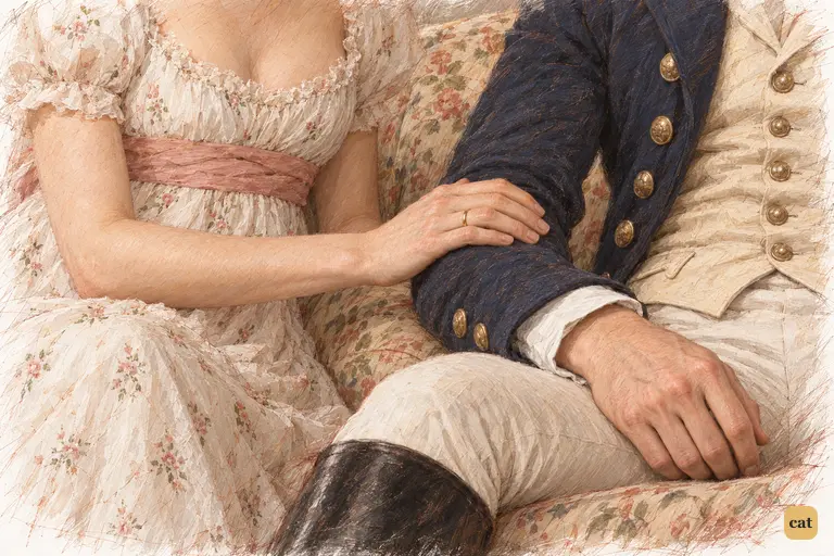 Lydia’s wedding-ringed hand rests affectionately on Wickham’s sleeve.