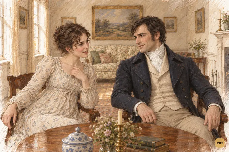 Elizabeth playfully entrusts her good qualities to Darcy, claiming the right to tease him