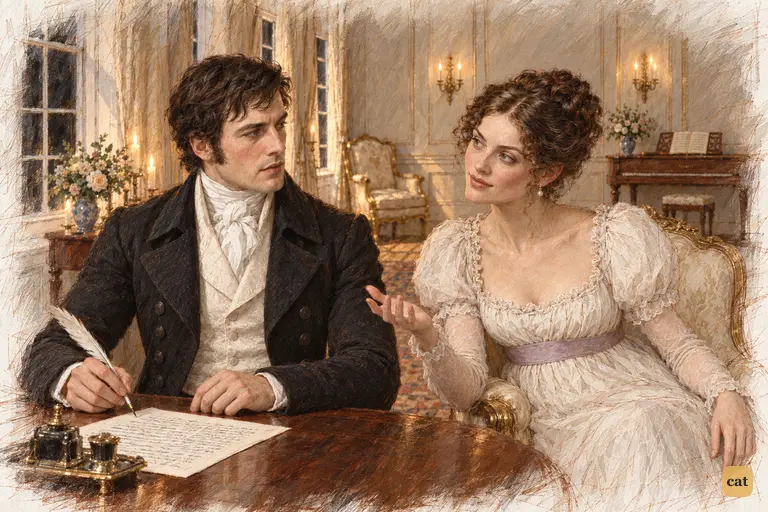 Darcy pauses over his crowded letter to answer Caroline’s lavish praise with dry courtesy.