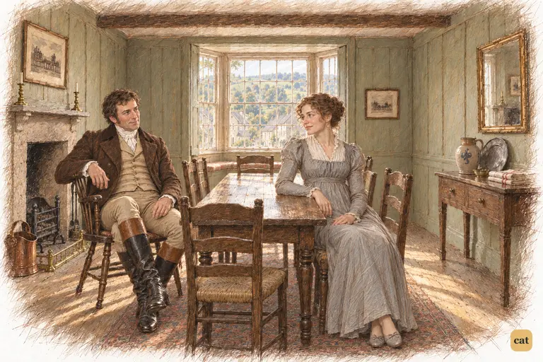 Alone in the Lambton inn dining-room, Mr. and Mrs. Gardiner exchange a quiet glance.