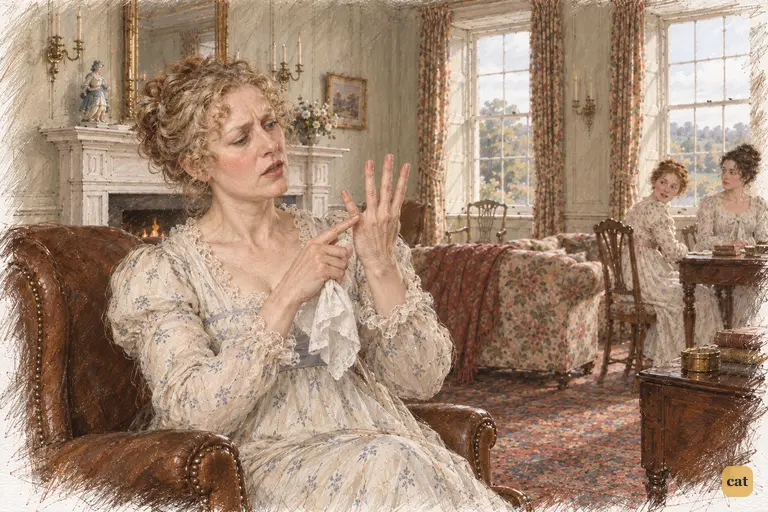 Mrs. Bennet crushes a handkerchief, listing a fourth complaint over Charlotte's engagement