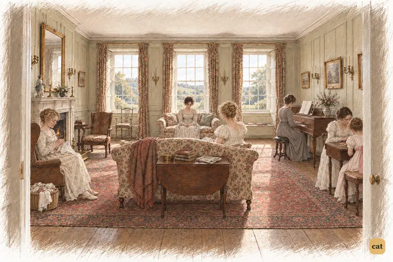 Charlotte has departed, leaving Elizabeth seated beneath the middle window.