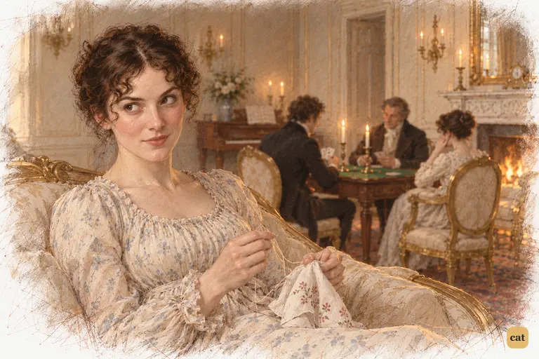 Elizabeth pauses her needlework, hiding a smile at Caroline's compliments to Darcy