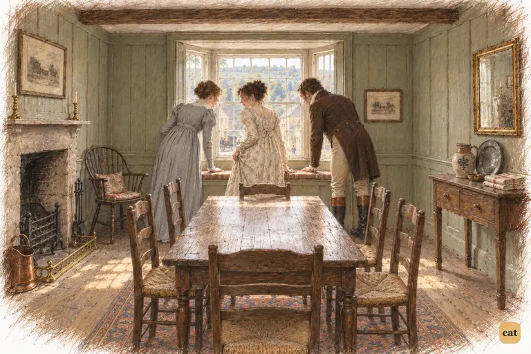 A carriage draws Elizabeth Bennet and the Gardiners to the inn window.