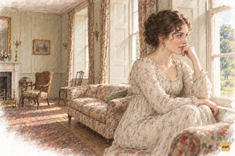 Elizabeth Bennet sits beside the bright drawing-room window, quietly amused by her own reasoning.