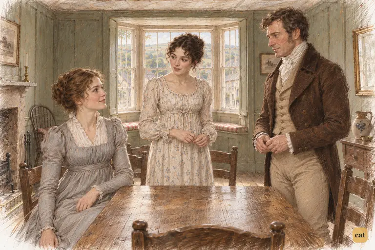 As Elizabeth explains the unexpected visit, Mrs. Gardiner looks toward her husband.