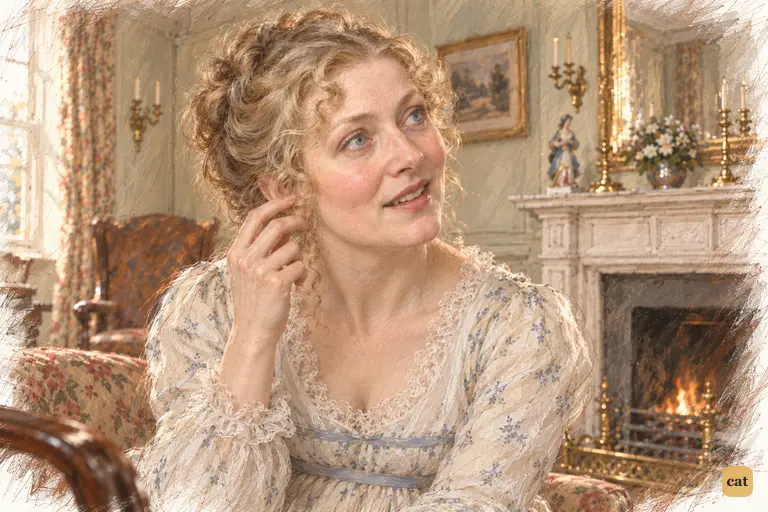 Mrs. Bennet adjusts a curl and glances at the looking-glass, pleased by the compliment