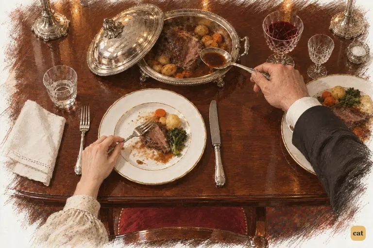 Elizabeth’s modest plate sits beside Mr. Hurst’s overflowing ragout.