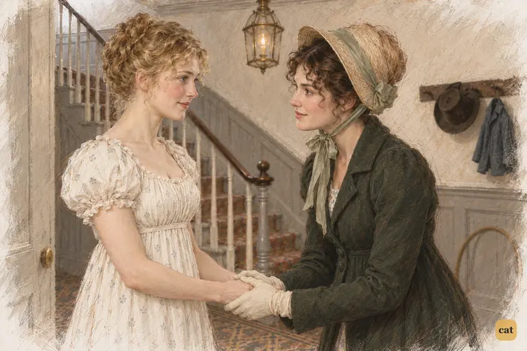 Elizabeth takes Jane’s hands in the passage of the Gardiners’ London home.
