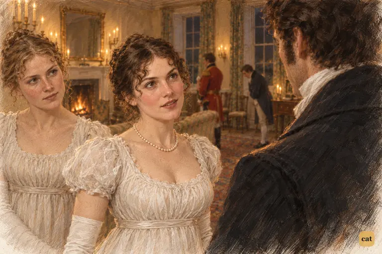 Elizabeth turns Charlotte’s dare into a playful challenge, meeting Darcy’s eyes as she speaks.