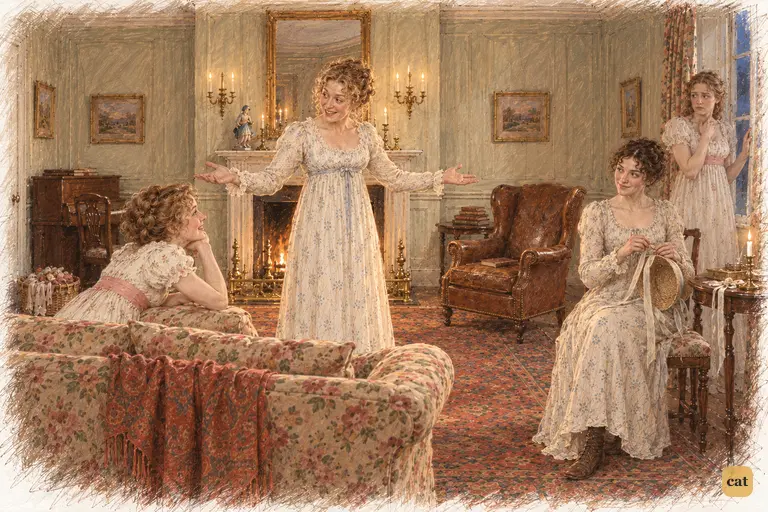 Mrs. Bennet spreads her arms to her daughters, claiming a share of Mr. Bennet's kindness