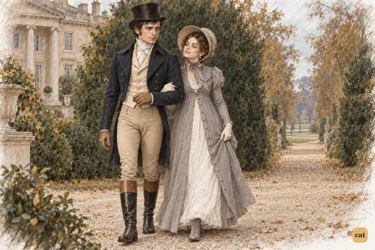 Miss Bingley walks on Darcy's arm in the shrubbery, needling him about Elizabeth