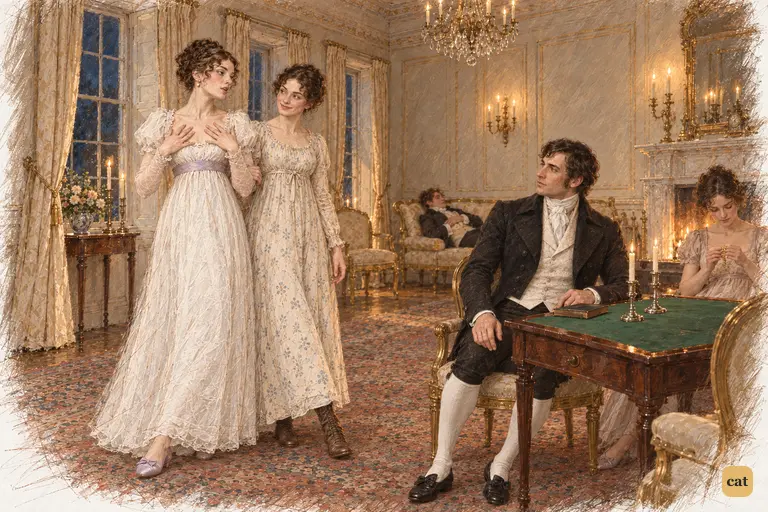 Caroline invites Elizabeth into a performance of mock indignation at Darcy’s teasing remark.