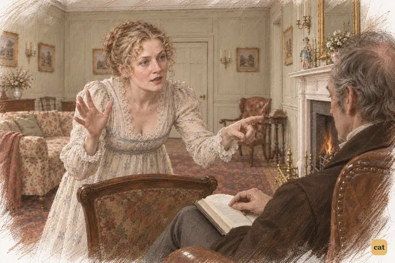 Mrs. Bennet waves aside her husband's teasing question and insists that he visit the newcomer.
