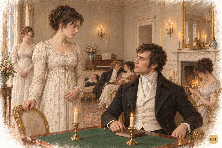 Elizabeth quietly names vanity and pride, meeting Darcy’s grave attention across the card-table.