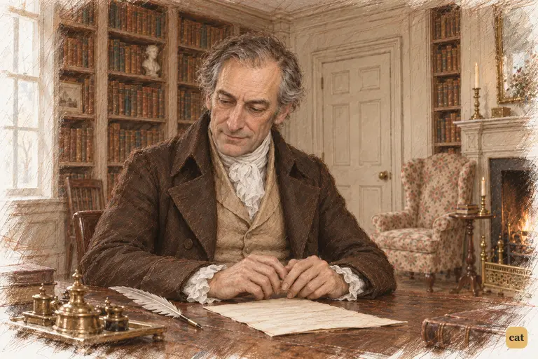Mr. Bennet sits back over his signed consent, dryly consoled by Lydia’s small cost