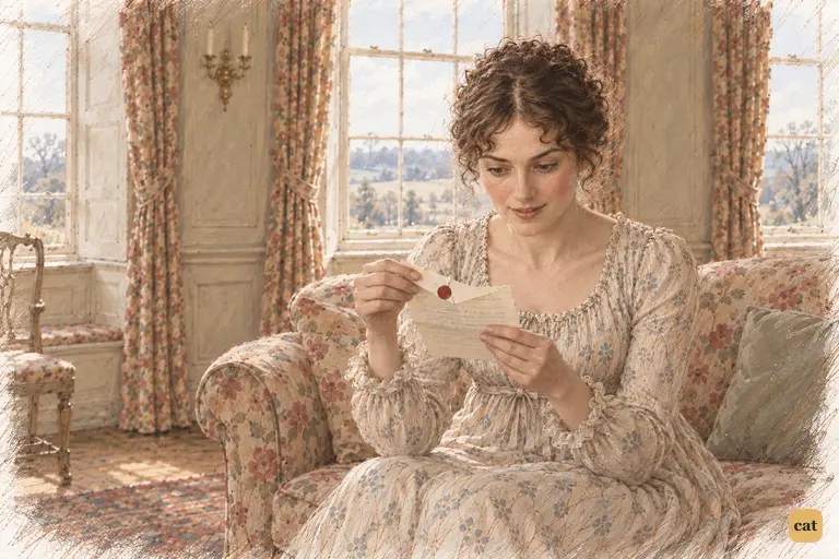 Elizabeth eagerly opens Jane's second letter, leaning toward it in the pale winter light