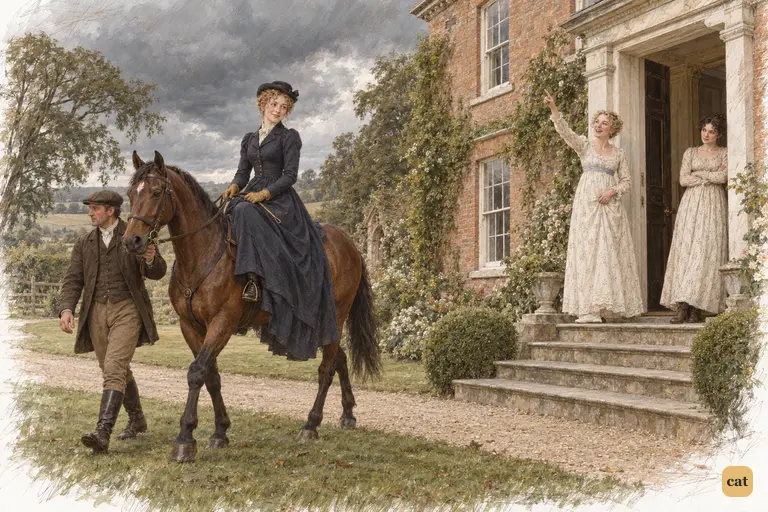 Jane starts down the gravel walk while Mrs. Bennet beams at the gathering clouds above Longbourn.