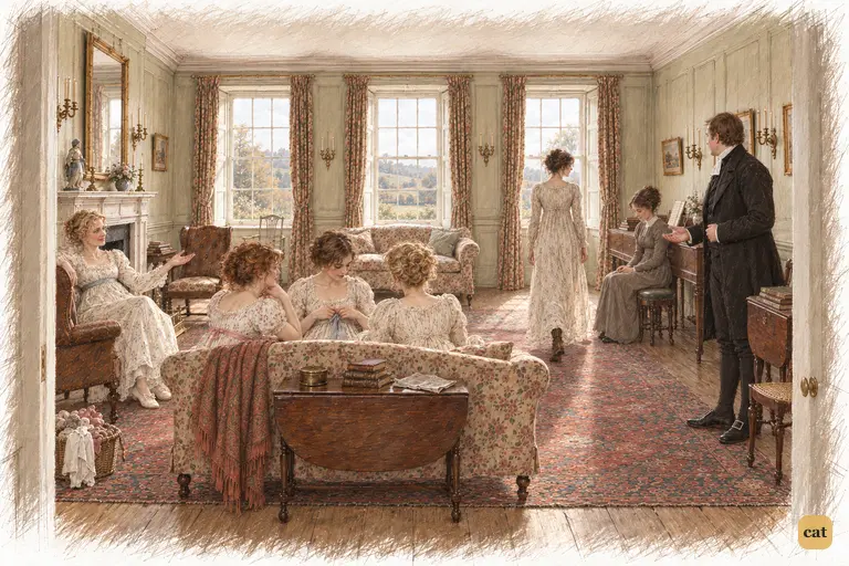 Elizabeth lets Mrs. Bennet’s marriage hint pass unanswered and quietly retreats toward the windows.