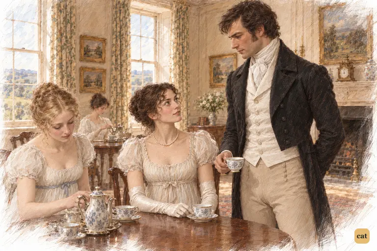 Darcy returns his coffee cup himself, bringing a brief opportunity for conversation.