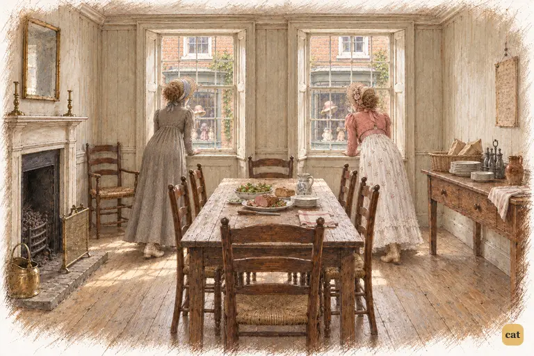 Kitty and Lydia lean toward separate upstairs windows at the George, watching the street