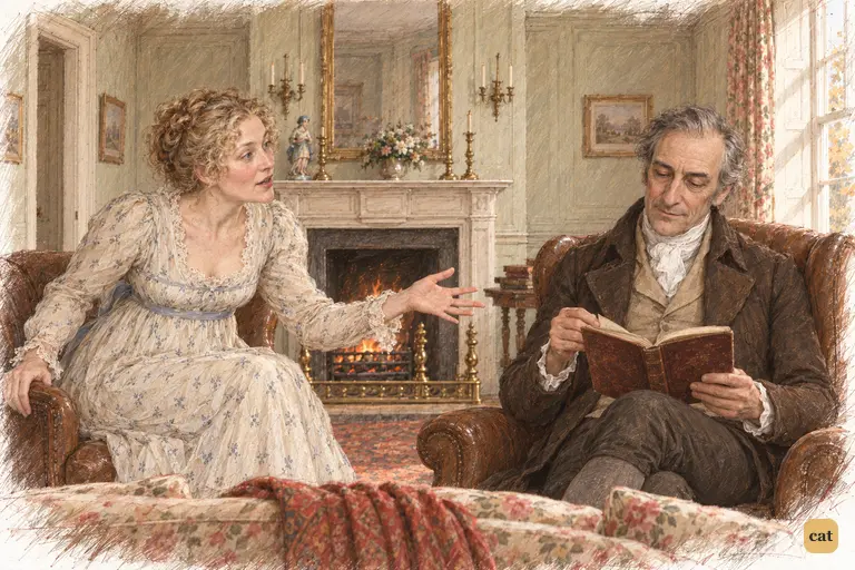 Mrs. Bennet eagerly pours out the Netherfield news to her husband across the hearth
