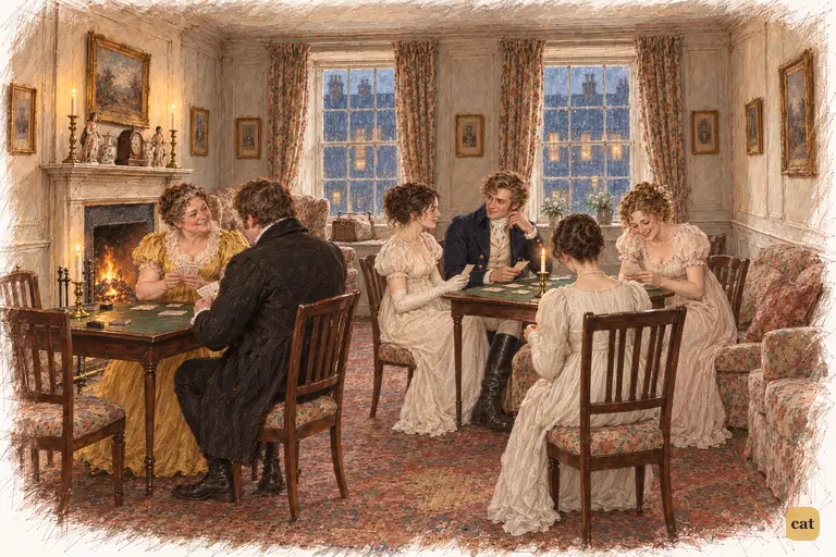 At Meryton, candlelight gathers the company around two card tables.