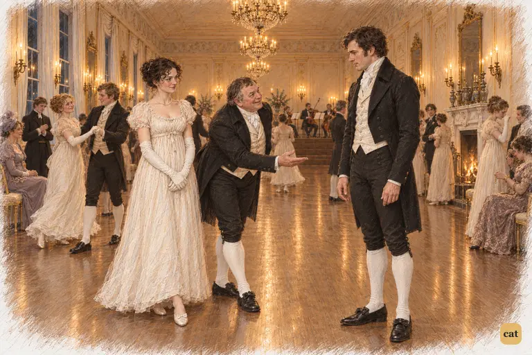 Sir William Lucas interrupts Elizabeth and Darcy with an expansive bow and lavish praise