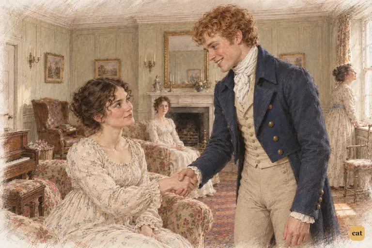 Bingley’s warm handshake and expressive smile tell Elizabeth that he knows of her engagement.