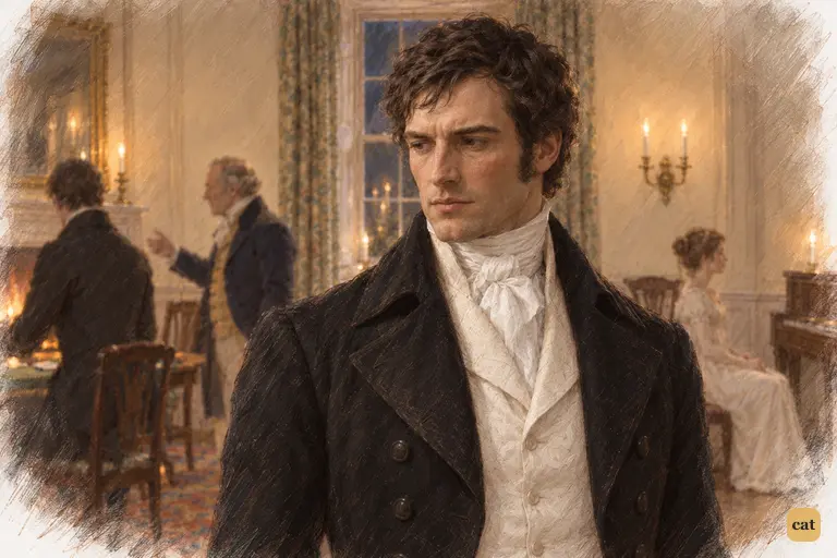Darcy’s grave composure holds, but his fixed gaze betrays his growing interest in Elizabeth.