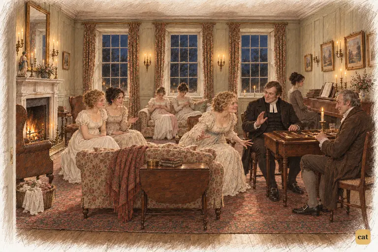 Mr. Collins, at backgammon, reassures the apologising Mrs. Bennet, Jane and Elizabeth