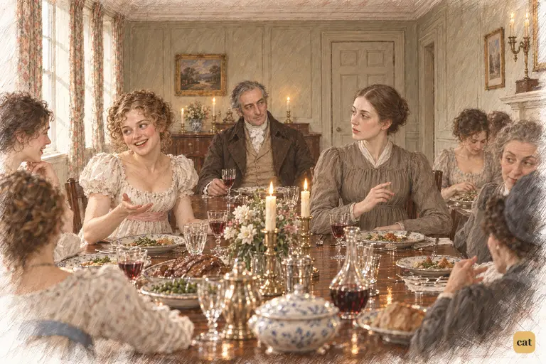 Mary finishes her grave reply at dinner while Lydia turns to laugh with Kitty