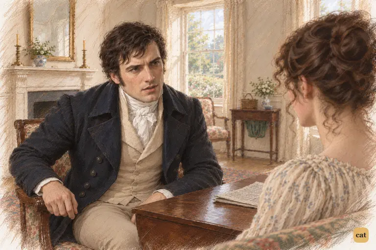 Darcy draws his chair toward Elizabeth and leans into a suddenly personal remark.