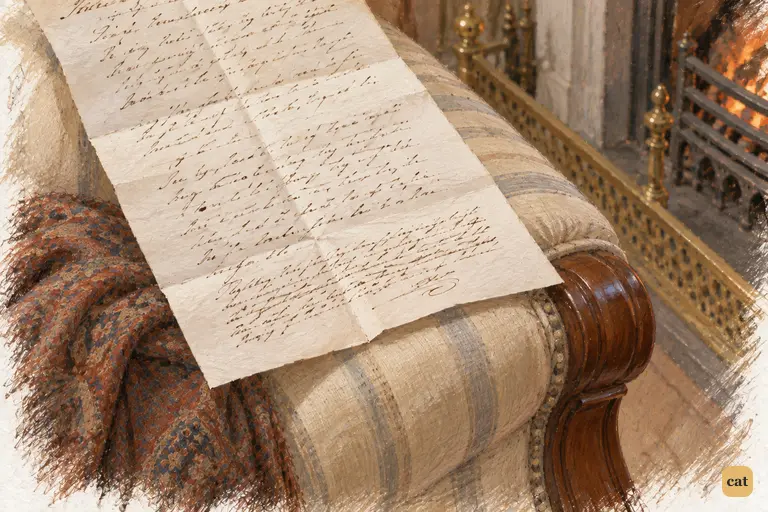 Mrs. Bennet’s reply rests on the silk arm of Jane’s chair.
