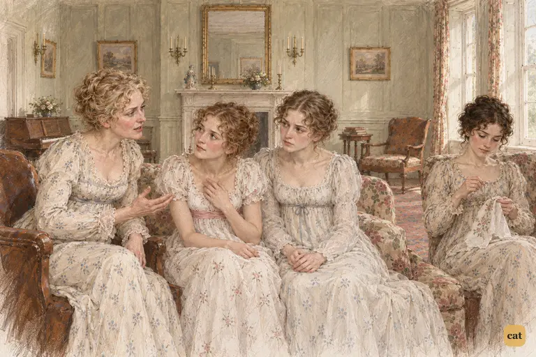 Mrs. Bennet, Lydia and Kitty sigh together, longing for Brighton