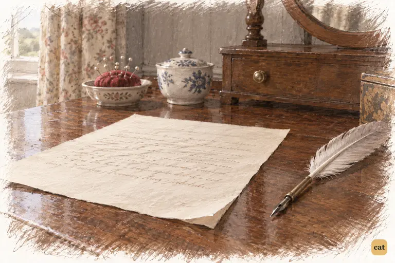 Elizabeth’s finished letter lies beside her resting quill.