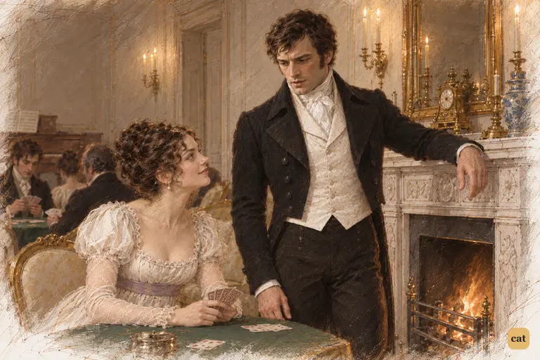 Darcy soberly answers Caroline Bingley's praise of the Pemberley library