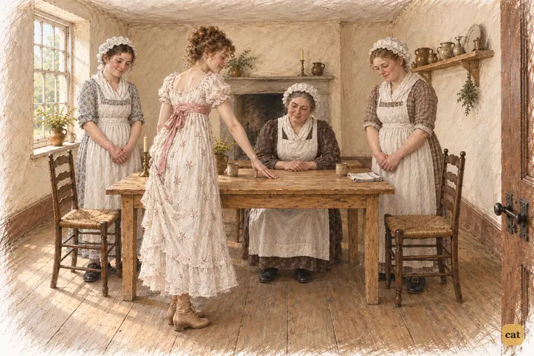 Lydia shows her wedding ring to Mrs. Hill and two housemaids in the servants’ room