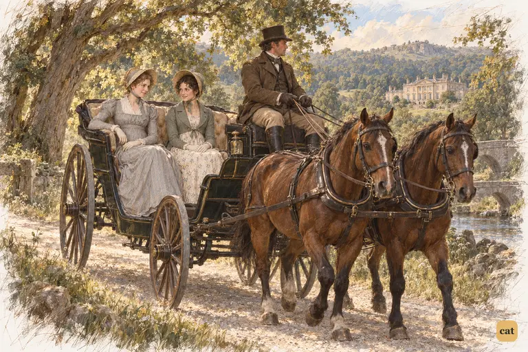 Elizabeth and Mrs. Gardiner leave Pemberley by carriage through sunlit woodland