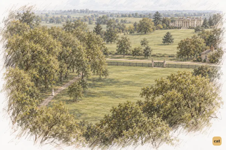 Rosings Park spreads across a spring morning, its lawns and groves dwarfing a lone walker