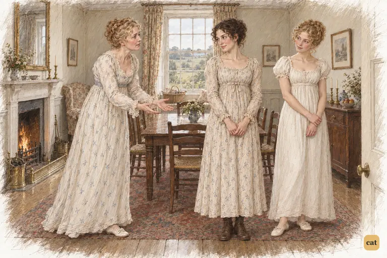 Elizabeth meets Mrs. Bennet's insistent appeals with playful composure and firm resolve