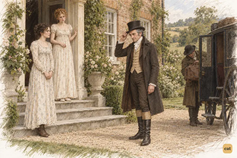 Mr. Bennet returns to Longbourn with his customary composure.