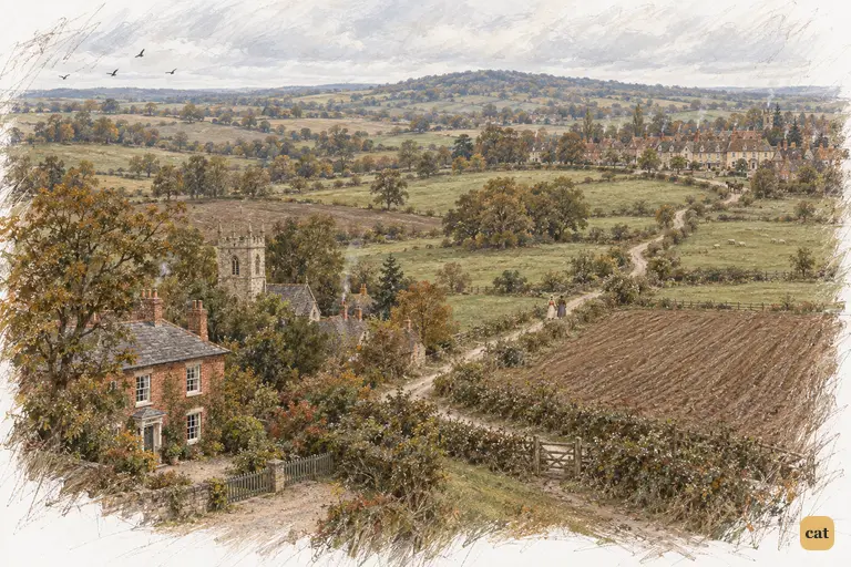 Longbourn nestles among elms, linked to Meryton by a single lane across hedged fields.